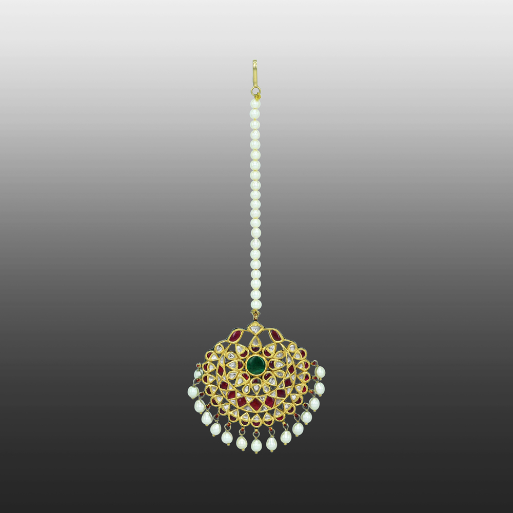 Emerald and Ruby Floral Polki Mangtikka with Pearl Drops